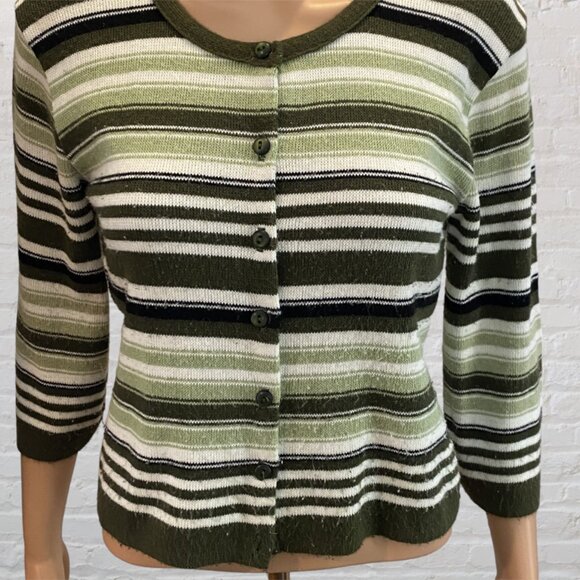 VINTAGE SUGAR -- Sweater, Lightweight, Green and White Striped, 3/4 Sleeves - Picture 5 of 16